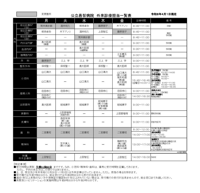 外来担当表20260401